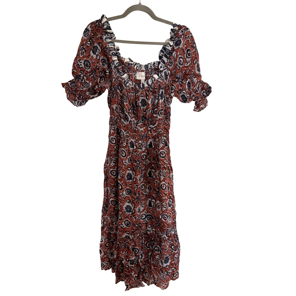 Cleobella Catalina Rust Floral Midi Dress Short Puff Sleeve Medium Boho Western - Picture 2 of 8